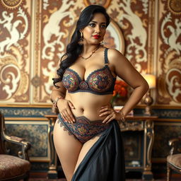 A thick Indian woman wearing elegant Indian lingerie that highlights traditional designs and patterns