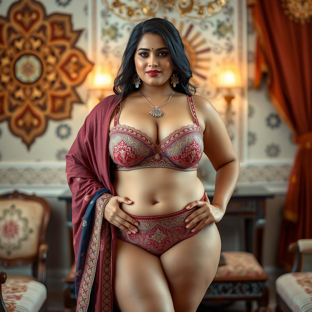 A thick Indian woman wearing elegant Indian lingerie that highlights traditional designs and patterns