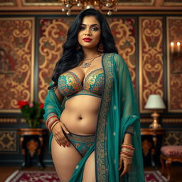 A thick Indian woman wearing elegant Indian lingerie that highlights traditional designs and patterns