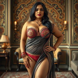 A thick Indian woman wearing elegant Indian lingerie that highlights traditional designs and patterns