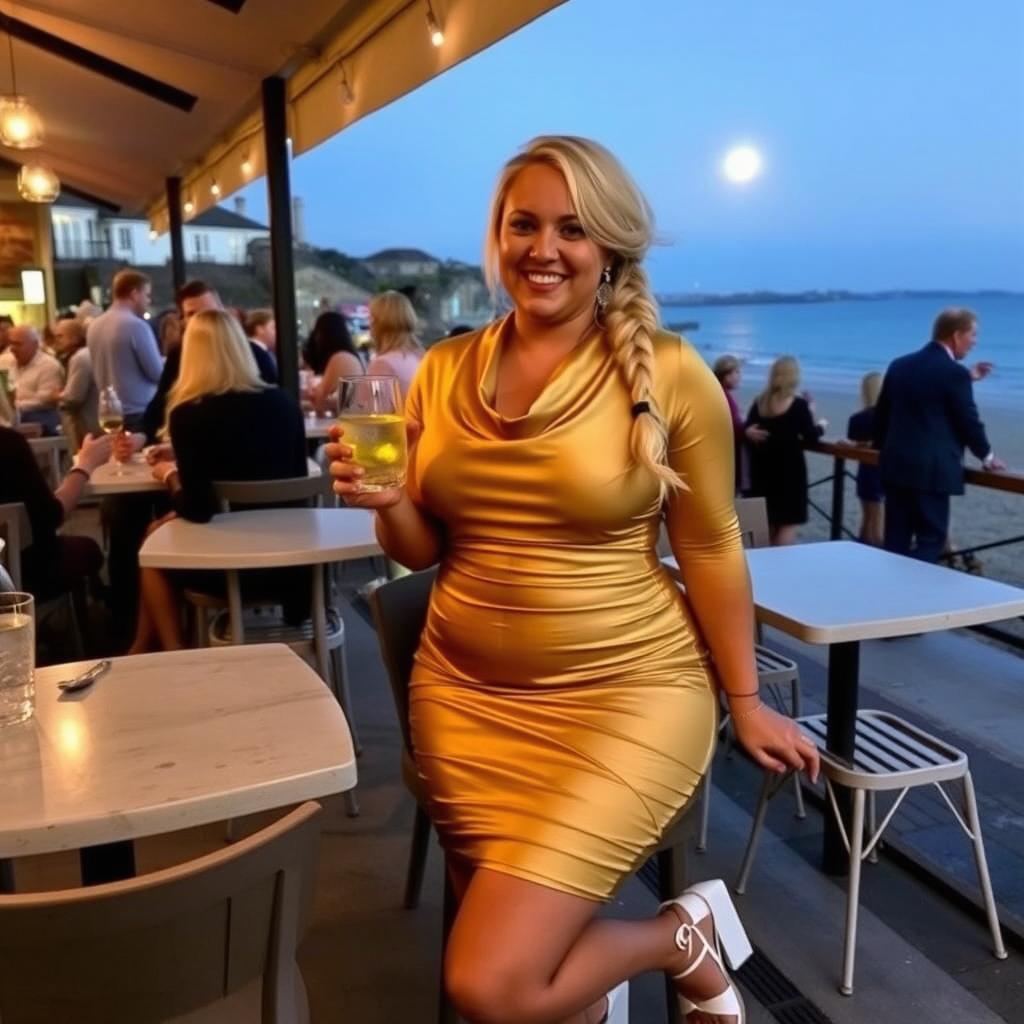 A curvy blond woman with hair in a sexy plait is sitting in a cafe overlooking the beach at Lyme Regis