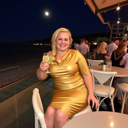 A curvy blond woman with hair in a sexy plait is sitting in a cafe overlooking the beach at Lyme Regis