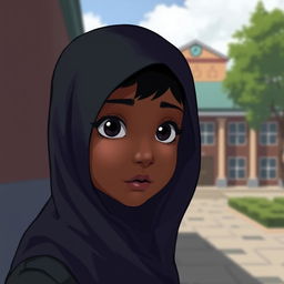 A digital art scene showing a girl with a black hijab, brown skin, and black eyes looking at a school building