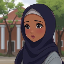 A digital art scene showing a girl with a black hijab, brown skin, and black eyes looking at a school building