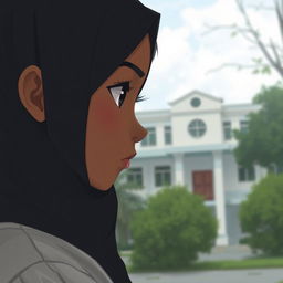 A digital art scene showing a girl with a black hijab, brown skin, and black eyes looking at a school building