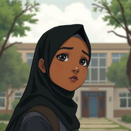 A digital art scene showing a girl with a black hijab, brown skin, and black eyes looking at a school building