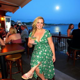 A curvy blond woman with hair in a sexy plait is sitting in a cafe overlooking the beach at Lyme Regis