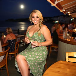 A curvy blond woman with hair in a sexy plait is sitting in a cafe overlooking the beach at Lyme Regis