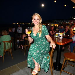 A curvy blond woman with hair in a sexy plait is sitting in a cafe overlooking the beach at Lyme Regis