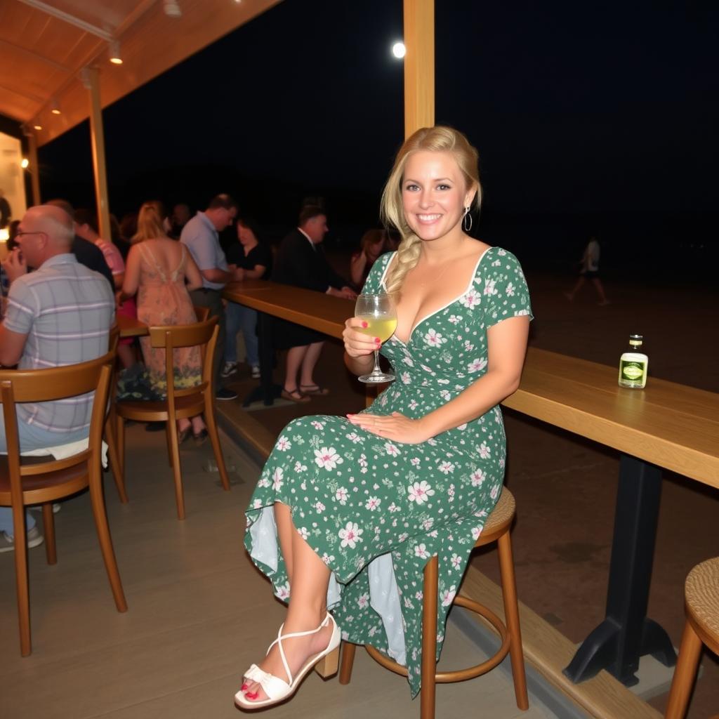 A curvy blond woman with hair in a sexy plait is sitting in a cafe overlooking the beach at Lyme Regis