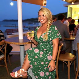 A curvy blond woman with hair in a sexy plait is sitting in a cafe overlooking the beach at Lyme Regis