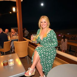 A curvy blond woman with hair in a sexy plait is sitting in a cafe overlooking the beach at Lyme Regis