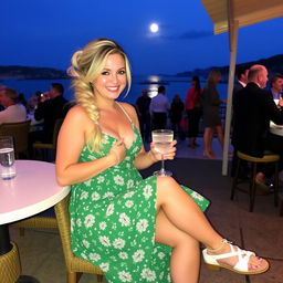 A curvy blond woman with hair in a sexy plait is sitting in a cafe overlooking the beach at Lyme Regis