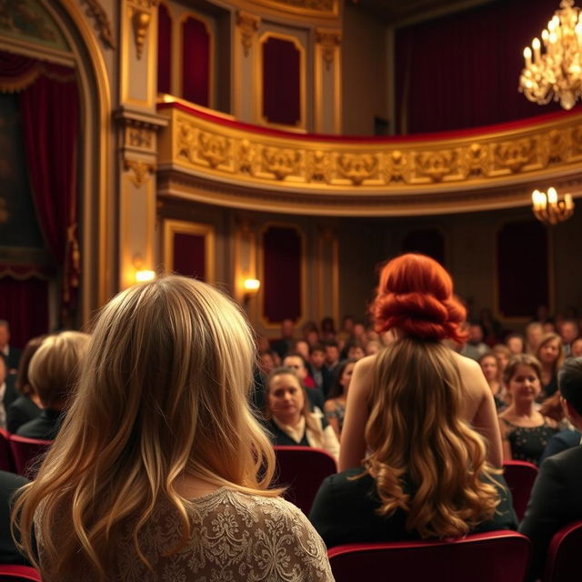 A scene in a theater where a red-haired woman is performing on stage while a blonde-haired woman is watching from the audience