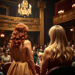 A scene in a theater where a red-haired woman is performing on stage while a blonde-haired woman is watching from the audience