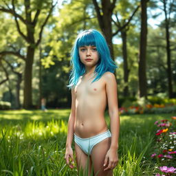 A wide shot of a young adult girl with blue hair, wearing sublime underwear, in a park