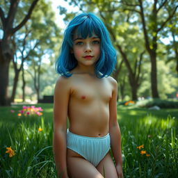 A wide shot of a young adult girl with blue hair, wearing sublime underwear, in a park