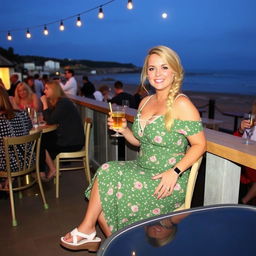 A curvy blond woman with hair in a sexy plait is sitting in a cafe overlooking the beach at Lyme Regis