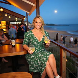 A curvy blond woman with hair in a sexy plait is sitting in a cafe overlooking the beach at Lyme Regis