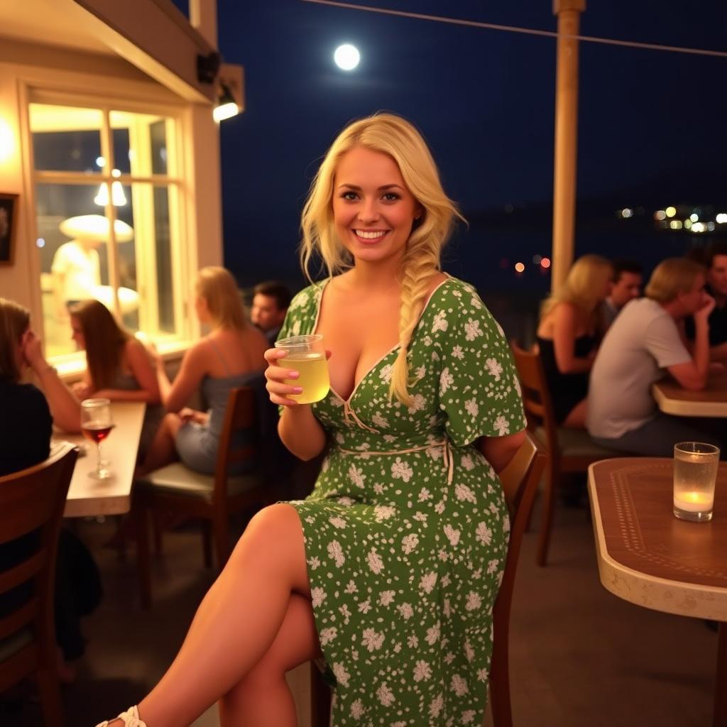 A curvy blond woman with hair in a sexy plait is sitting in a cafe overlooking the beach at Lyme Regis