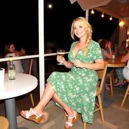 A curvy blond woman with hair in a sexy plait is sitting in a cafe overlooking the beach at Lyme Regis