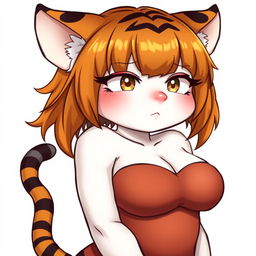 A sexy, cute, and flustered girl with tiger ears and a tail, featuring white skin and a voluptuous figure with large breasts