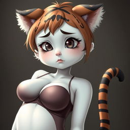 A sexy, cute, and flustered girl with tiger ears and a tail, featuring white skin and a voluptuous figure with large breasts