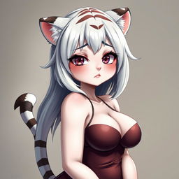 A sexy, cute, and flustered girl with tiger ears and a tail, featuring white skin and a voluptuous figure with large breasts