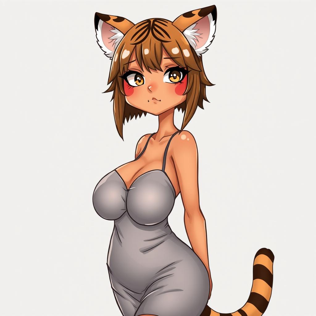 A sexy, cute, and flustered girl with tiger ears and a tail, featuring tan skin and a voluptuous figure with large breasts