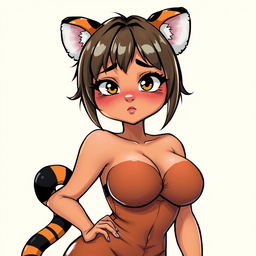 A sexy, cute, and flustered girl with tiger ears and a tail, featuring tan skin and a voluptuous figure with large breasts