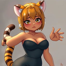 A sexy, cute, and flustered girl with tiger ears and a tail, featuring tan skin and a voluptuous figure with large breasts