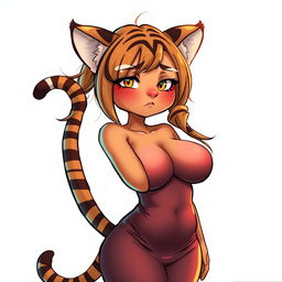 A sexy, cute, and flustered girl with tiger ears and a tail, featuring tan skin and a voluptuous figure with large breasts