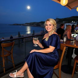 A curvy blond woman with hair in a sexy plait is sitting in a cafe overlooking the beach at Lyme Regis