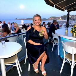 A curvy blond woman with hair in a sexy plait is sitting in a cafe overlooking the beach at Lyme Regis