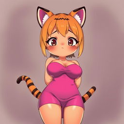 A sexy, cute, and flustered girl with tiger ears and a tail, featuring tan skin and a voluptuous figure with large breasts