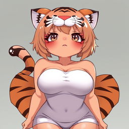 A sexy, cute, and flustered girl with tiger ears and a tail, featuring tan skin and a voluptuous figure with large breasts