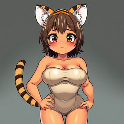 A sexy, cute, and flustered girl with tiger ears and a tail, featuring tan skin and a voluptuous figure with large breasts