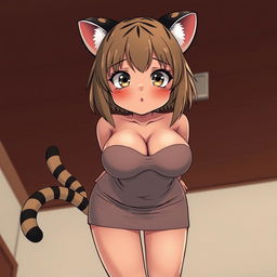 A sexy, cute, and flustered girl with tiger ears and a tail, featuring tan skin and a voluptuous figure with large breasts