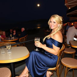 A curvy blond woman with hair in a sexy plait is sitting in a cafe overlooking the beach at Lyme Regis