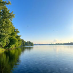 A serene landscape featuring a calm lake surrounded by lush green trees, with a clear blue sky and gentle sunlight reflecting off the water