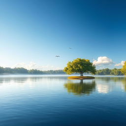 A serene landscape featuring a calm lake surrounded by lush green trees, with a clear blue sky and gentle sunlight reflecting off the water