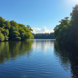 A serene landscape featuring a calm lake surrounded by lush green trees, with a clear blue sky and gentle sunlight reflecting off the water