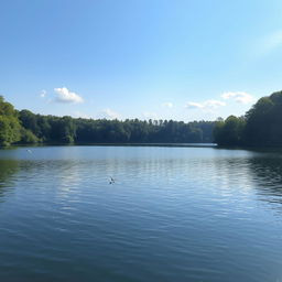 A serene landscape featuring a calm lake surrounded by lush green trees, with a clear blue sky and gentle sunlight reflecting off the water