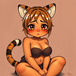 A sexy, cute, and flustered girl with tiger ears and a tail, featuring tan skin and a voluptuous figure with large breasts