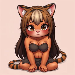 A sexy, cute, and flustered girl with tiger ears and a tail, featuring tan skin and a voluptuous figure with large breasts