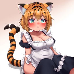 A sexy, cute, and flustered girl with tiger ears and a tail, featuring tan skin and a voluptuous figure with large breasts