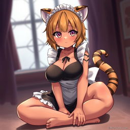 A sexy, cute, and flustered girl with tiger ears and a tail, featuring tan skin and a voluptuous figure with large breasts