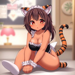 A sexy, cute, and flustered girl with tiger ears and a tail, featuring tan skin and a voluptuous figure with large breasts