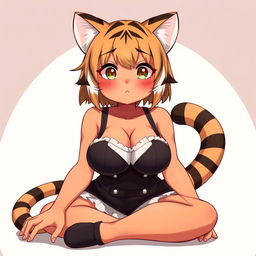 A sexy, cute, and flustered girl with tiger ears and a tail, featuring tan skin and a voluptuous figure with large breasts