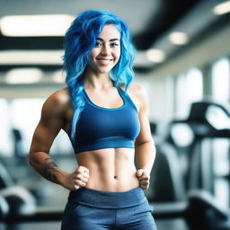 A wide shot of a blue-haired girl in a gym, looking fit and confident